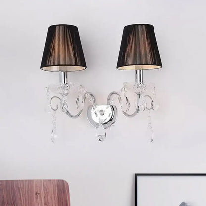 Black crystal fabric shade wall sconce with twin lamps and chrome mount by Decorbites on Tampa Home & Garden Store