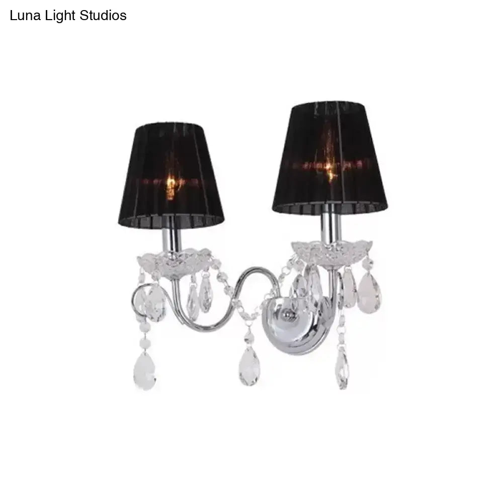Black Crystal Fabric Shade Wall Fixture by Decorbites with dual arms and hanging crystals on Tampa Home & Garden Store