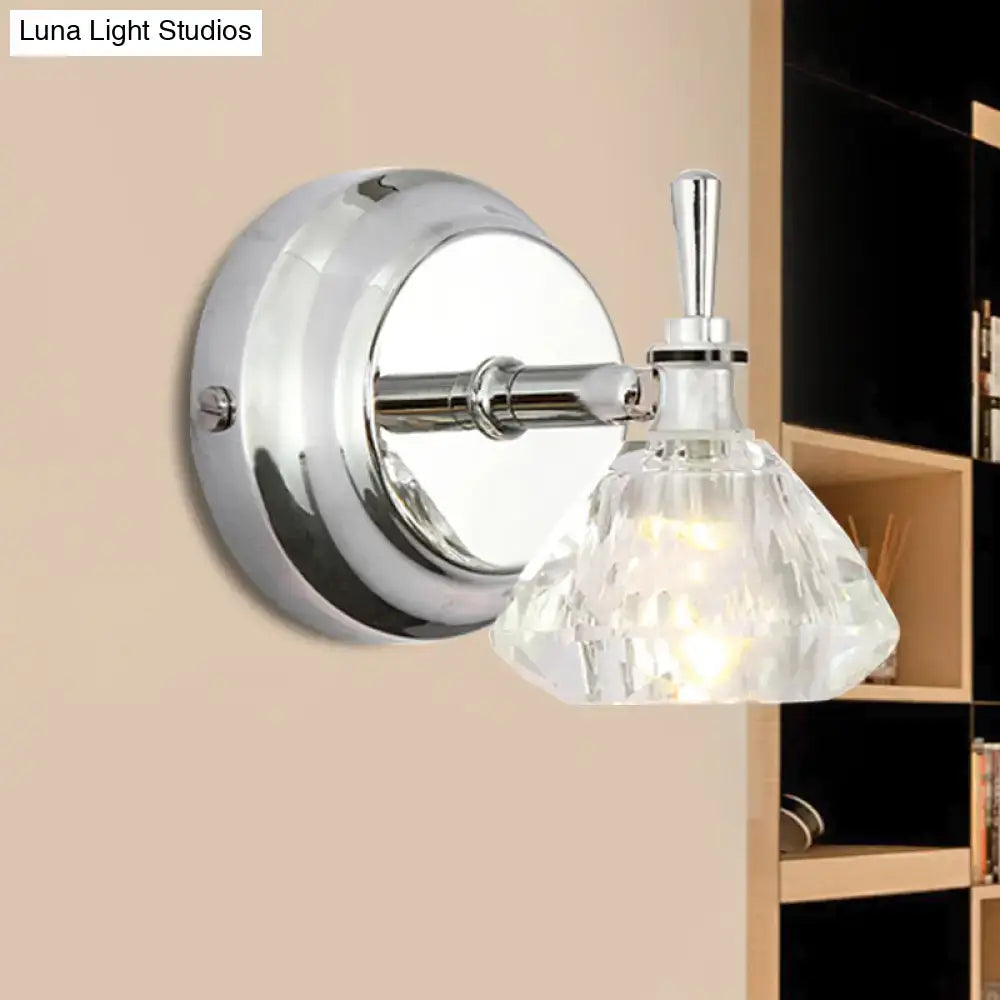 Decorbites chrome crystal bathroom sconce with faceted glass shade on round chrome backplate on Tampa Home & Garden Store