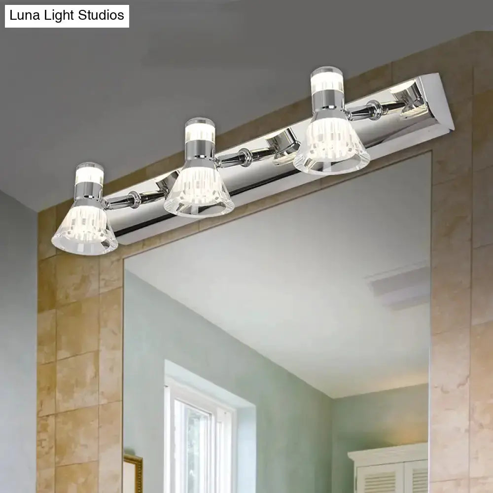 Contemporary chrome conic sconce light bar with 3 crystal glass shades for bathroom vanity on Tampa Home & Garden Store