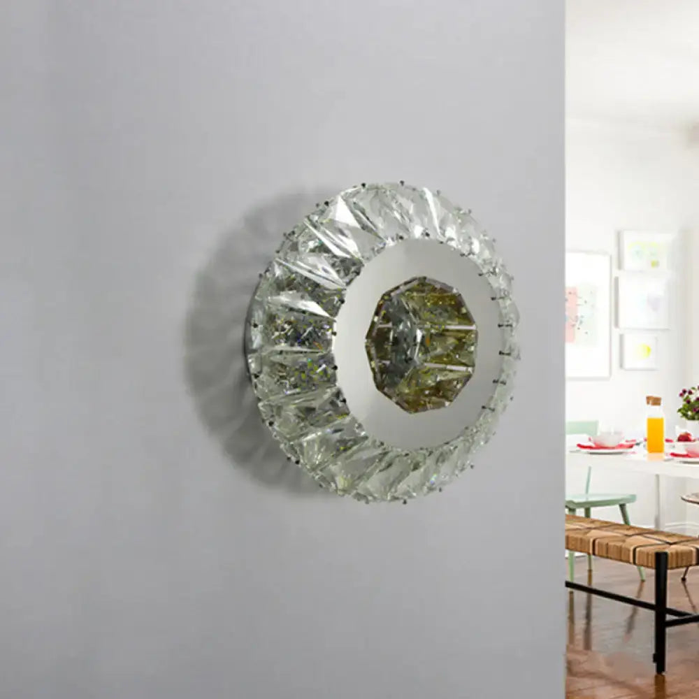 Chrome faceted crystal lamp circular wall decor with a mirrored center and crystal frame on Tampa Home & Garden Store