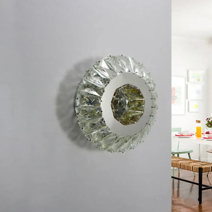 Chrome faceted crystal lamp circular wall decor with a mirrored center and crystal frame on Tampa Home & Garden Store