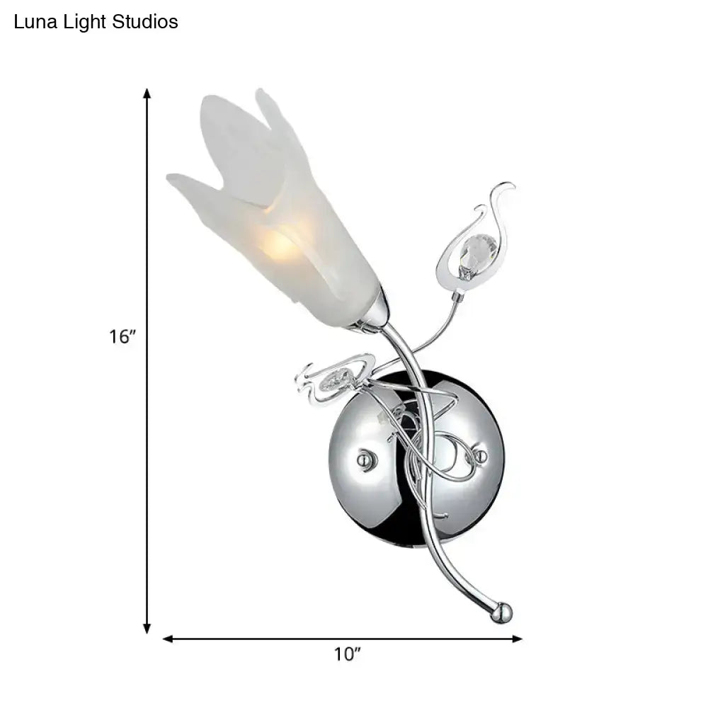 Chrome Opal Glass Sconce by Decorbites with curved chrome arm and leaf-like shade 16in tall x 10in wide on Tampa Home & Garden Store