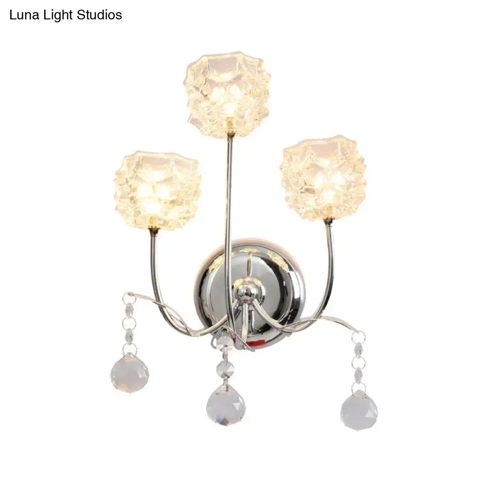 Chrome Crystal 3-Head Wall Sconce with faceted glass cube shades and hanging crystals on Tampa Home & Garden Store