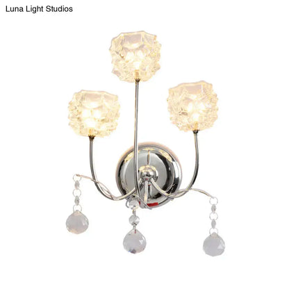 Chrome Crystal 3-Head Wall Sconce with faceted glass cube shades and hanging crystals on Tampa Home & Garden Store