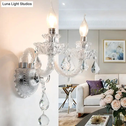 Clear Crystal Faceted Wall Sconce by Decorbites with hanging teardrop prisms on Tampa Home & Garden Store