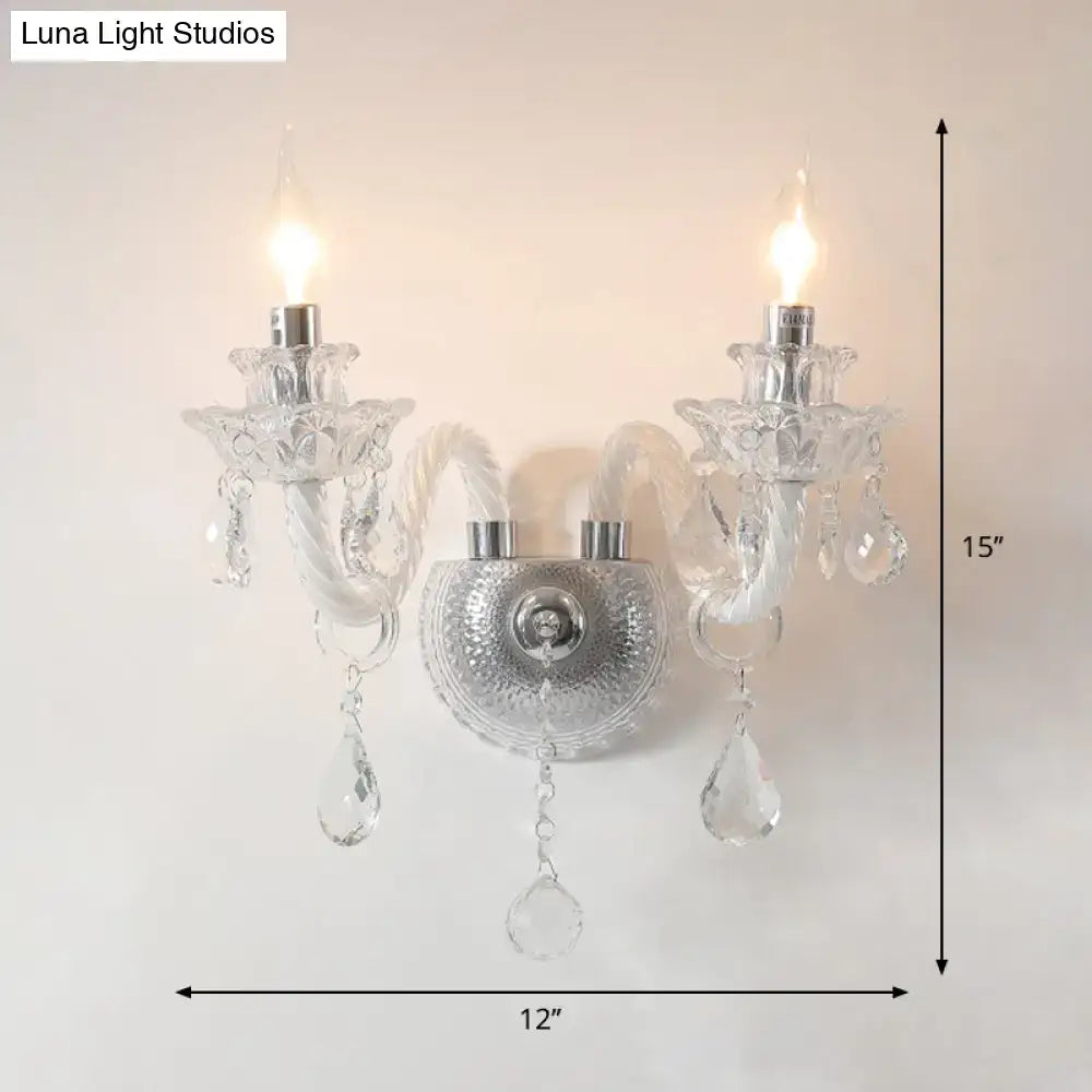 Clear Crystal Faceted Wall Sconce with two arms and hanging prisms by Decorbites on Tampa Home & Garden Store
