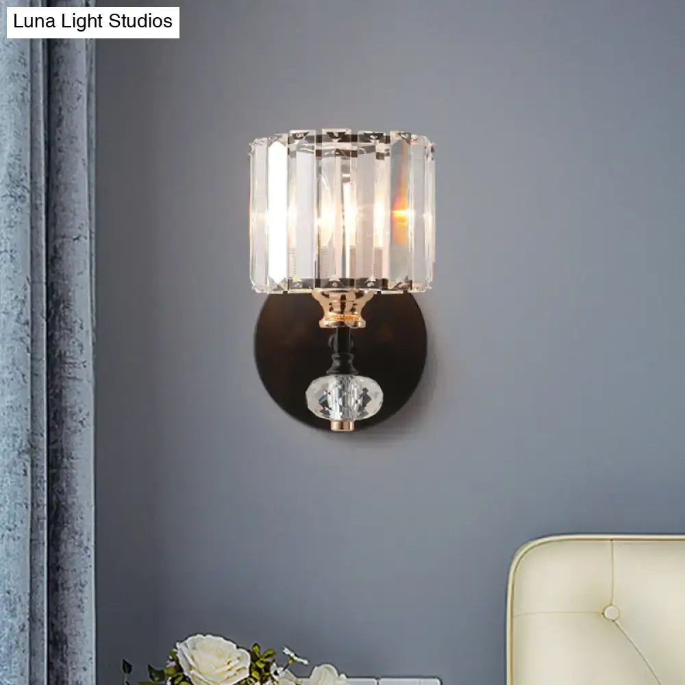 Black ribbed glass wall sconce with black backplate, crystal accent and gold-tone hardware on Tampa Home & Garden Store