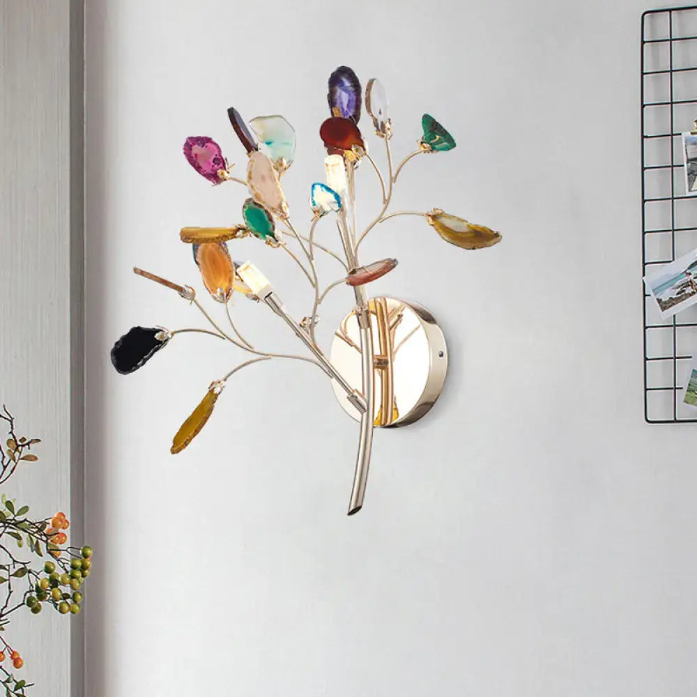 Gold Agate Leaf Sconce with multi-color gemstone leaves on gold-toned metal branches on Tampa Home & Garden Store