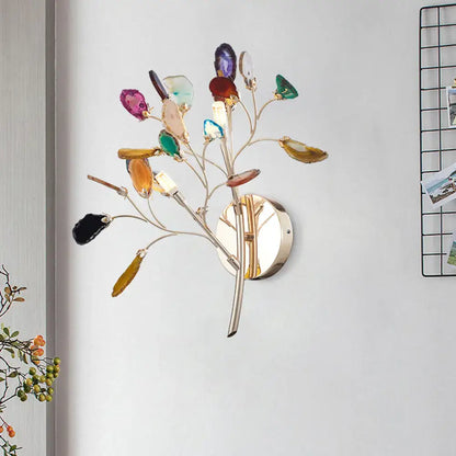 Gold Agate Leaf Sconce with multi-color gemstone leaves on gold-toned metal branches on Tampa Home & Garden Store