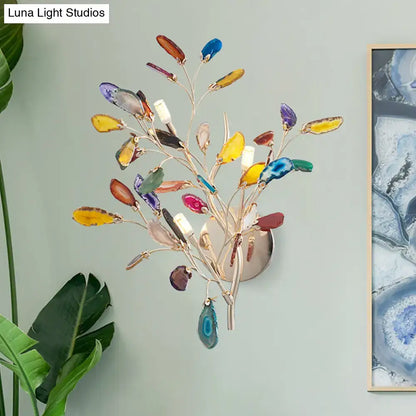 Gold Agate Leaf Sconce by Decorbites, gold-toned metal branch with colorful agate leaves on Tampa Home & Garden Store
