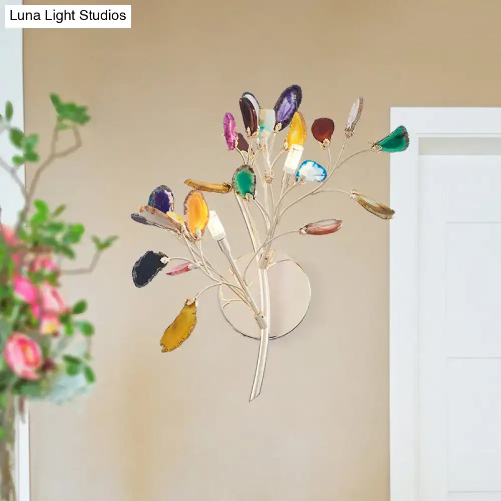 Gold agate leaf sconce with multicolor gemstone leaves on metal branches, wall-mounted Decorbites on Tampa Home & Garden Store