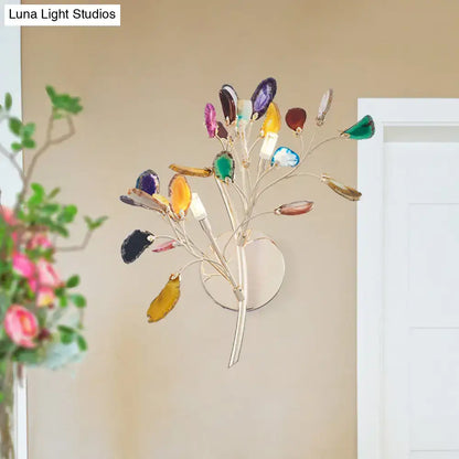 Gold agate leaf sconce with multicolor gemstone leaves on metal branches, wall-mounted Decorbites on Tampa Home & Garden Store