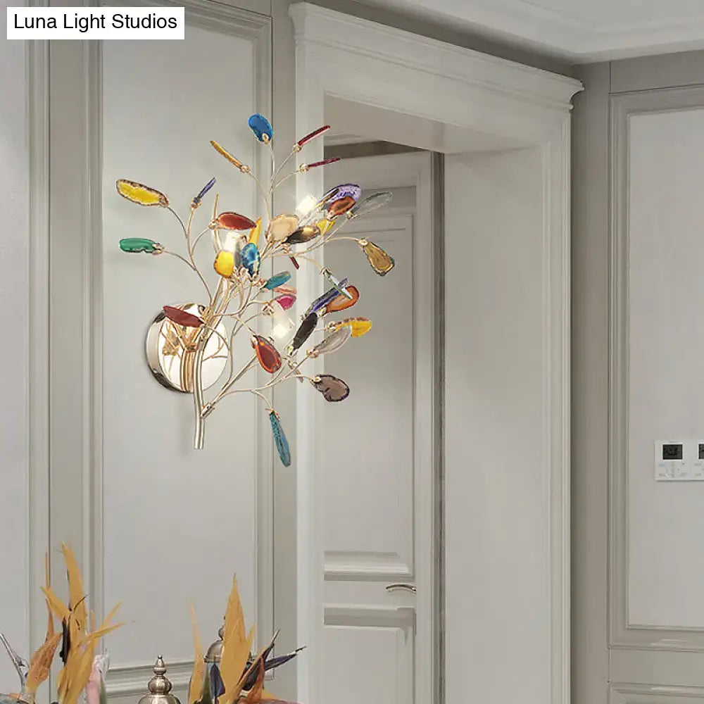Gold Agate Leaf Sconce by Decorbites with colorful glass leaves on gold-tone metal branches on Tampa Home & Garden Store