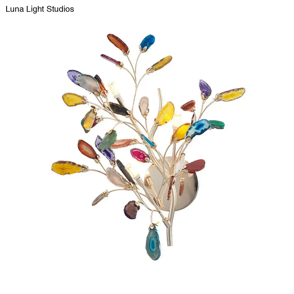 Gold Agate Leaf Sconce by Decorbites with colorful gemstone leaves and blue agate pendant on Tampa Home & Garden Store