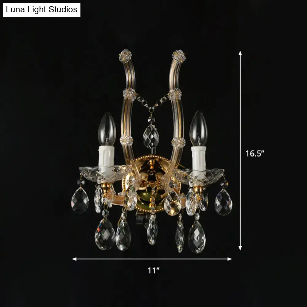 Amber crystal gold accent wall light by Decorbites; dual candle bulbs, hanging crystals on Tampa Home & Garden Store
