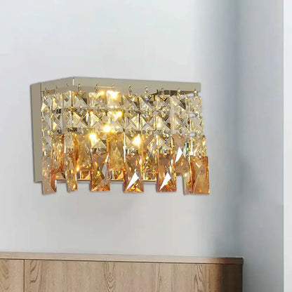 Amber LED crystal corridor wall sconce with cascading rectangular prisms on a metal backplate on Tampa Home & Garden Store