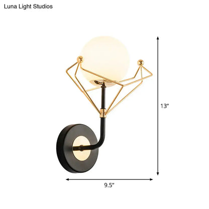 Gold Glass Orb Sconce by Decorbites; black wall mount with gold geometric frame and frosted orb on Tampa Home & Garden Store