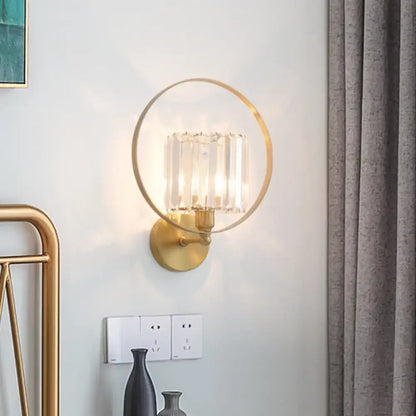 Gold Crystal Ring Sconce by Decorbites; brass halo with crystal shade, wall mount on Tampa Home & Garden Store