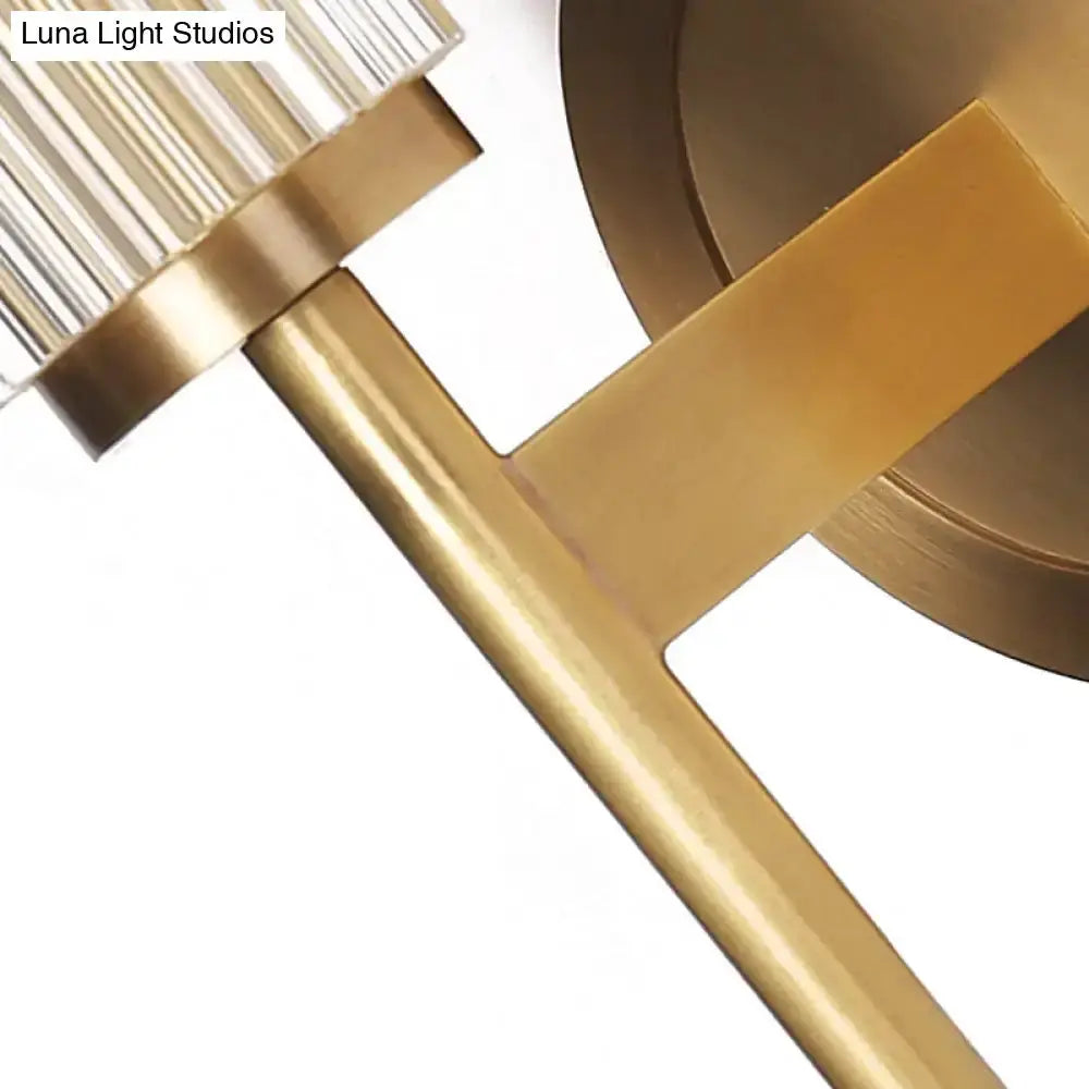 Gold brass cylinder wall light fixture bedroom sconce Decorbites ribbed glass shade on Tampa Home & Garden Store