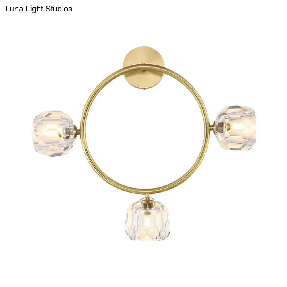 Contemporary gold brass circular ring wall sconce with crystal glass accents by Decorbites on Tampa Home & Garden Store