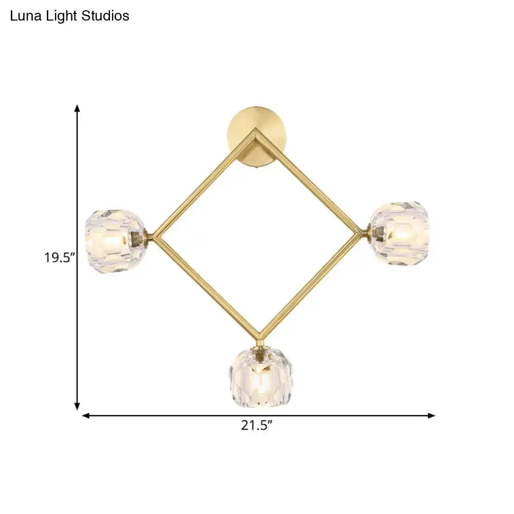 Contemporary gold brass wall light fixture with three crystal shades in frame sconce Decorbites on Tampa Home & Garden Store