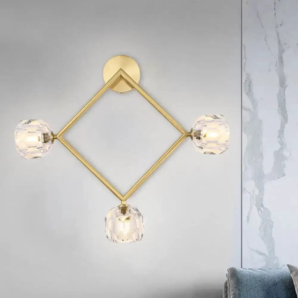 Decorbites contemporary gold brass diamond wall light with crystal shades 3-light on Tampa Home & Garden Store