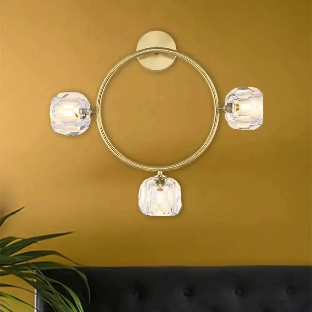 Contemporary gold brass circular wall light with three crystal cube shades by Decorbites on Tampa Home & Garden Store