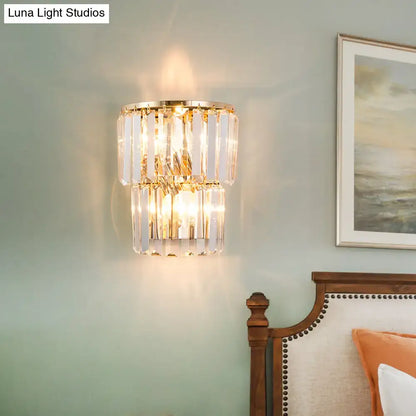 Gold crystal block wall sconce, two-tier design with hanging prisms on Tampa Home & Garden Store