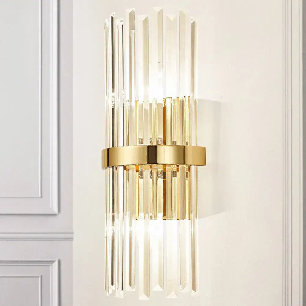 Gold crystal cylinder wall sconce lamp with vertical glass prisms and brass band Decorbites on Tampa Home & Garden Store