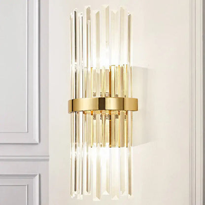 Gold crystal cylinder wall sconce lamp with vertical glass prisms and brass band Decorbites on Tampa Home & Garden Store