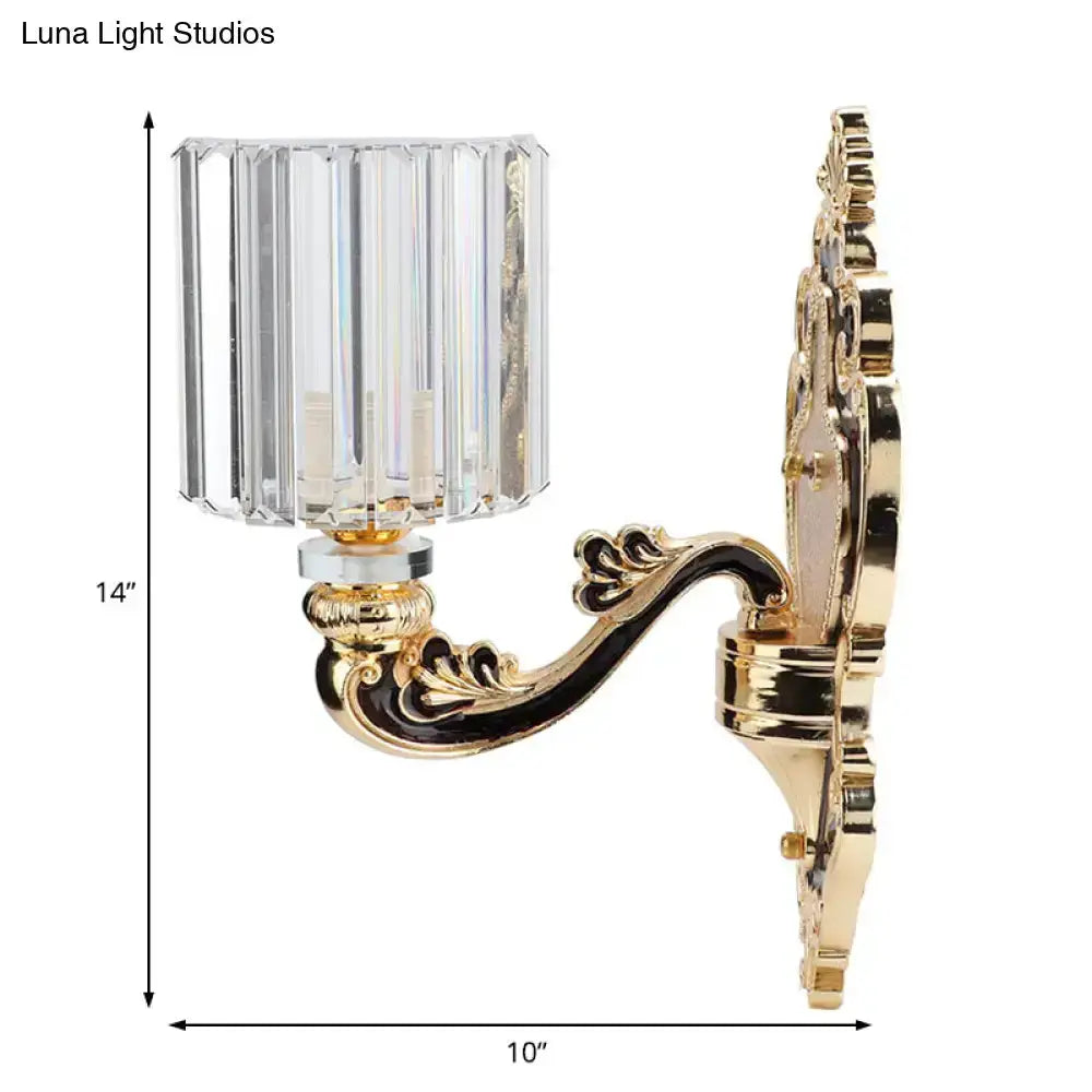 Gold crystal cylinder wall sconce by Decorbites, scroll arm and crystal shade, 14in tall on Tampa Home & Garden Store