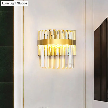 Gold crystal demilune dual-head wall sconce with hanging prisms Decorbites home lighting on Tampa Home & Garden Store