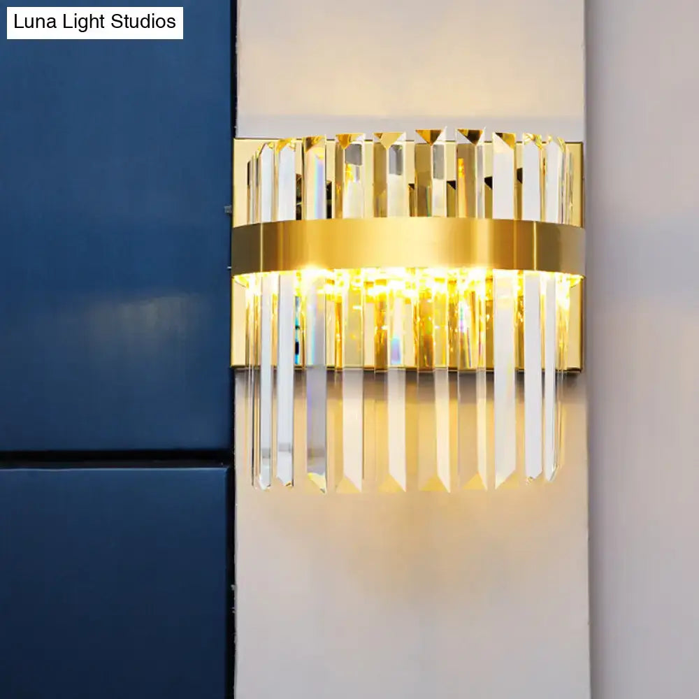 Gold Crystal Demilune Dual Head Wall Sconce by Decorbites, brass band with hanging crystal prisms on Tampa Home & Garden Store