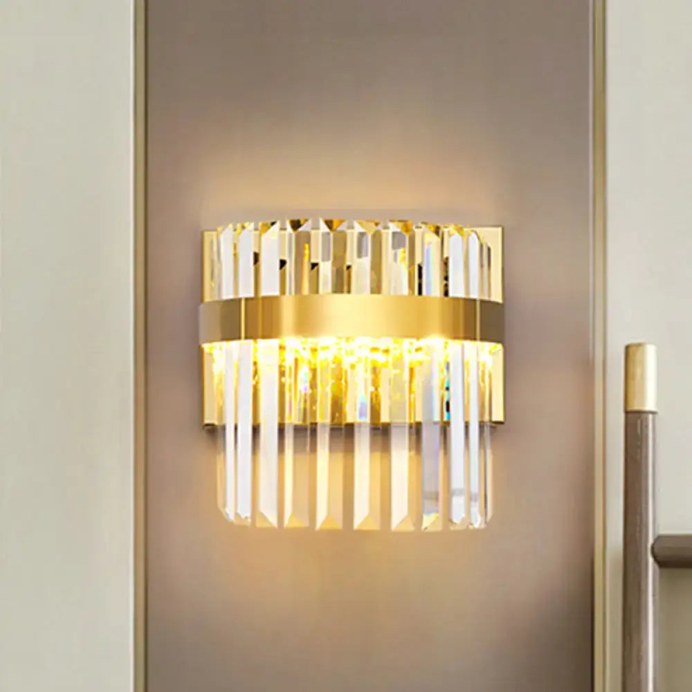 Gold Crystal Demilune Dual-Head Wall Sconce by Decorbites, gold finish with crystal prisms on Tampa Home & Garden Store