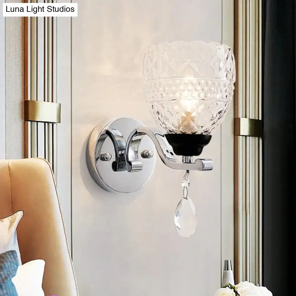 Chrome teardrop wall sconce with crystal glass shade by Decorbites, dimmable glow on Tampa Home & Garden Store