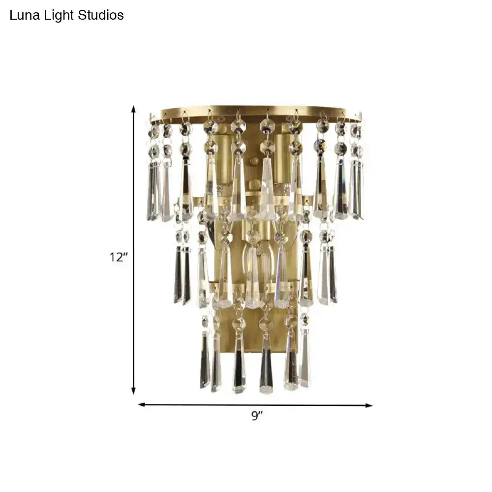 Gold crystal flute tiered wall sconce with hanging prisms for bedroom 12in tall 9in wide on Tampa Home & Garden Store