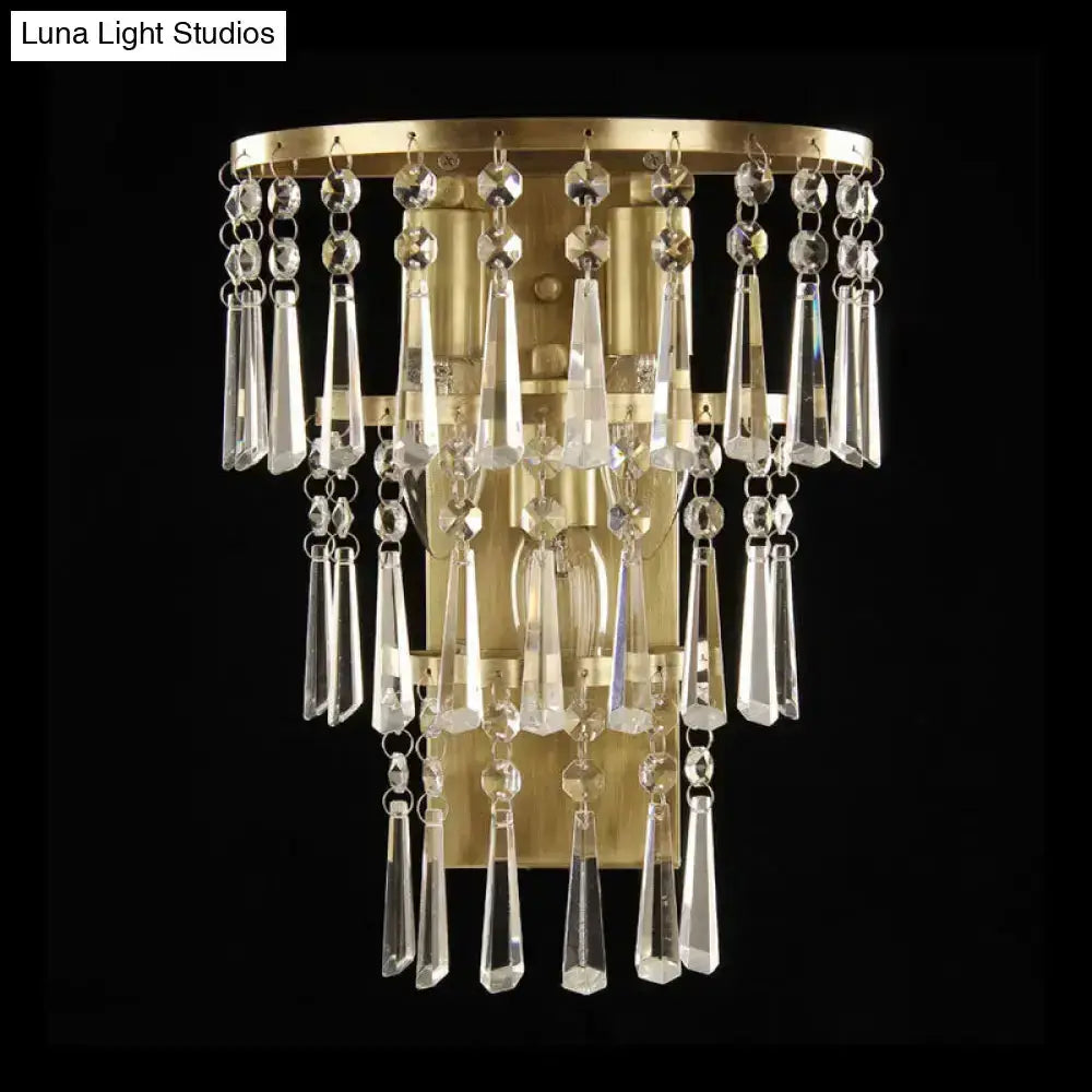 Contemporary gold crystal flute tiered wall sconce with hanging prisms Decorbites on Tampa Home & Garden Store