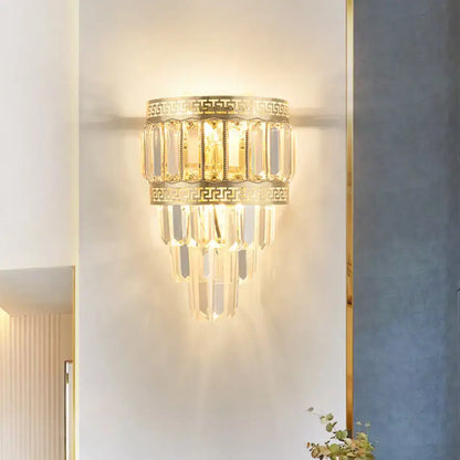 Gold Crystal Key Wall Lamp wall sconce with crystal prisms and Greek key bands Decorbites on Tampa Home & Garden Store