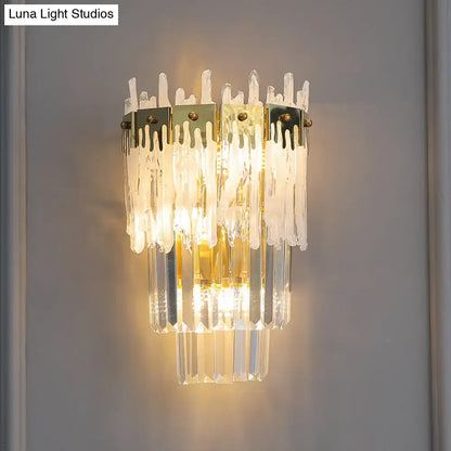 Gold Crystal Dining Room Wall Sconce with gold-tone metal and hanging crystal prisms on Tampa Home & Garden Store