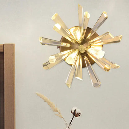 Gold crystal Sputnik sconce by Decorbites, brass finish with radiating prism crystals on Tampa Home & Garden Store