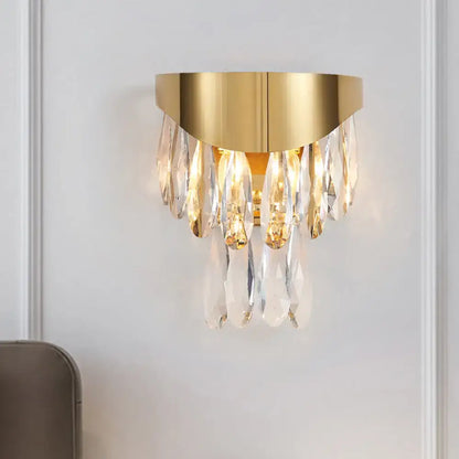 Gold crystal teardrop sconce with hanging prisms, warm glow Decorbites on Tampa Home & Garden Store