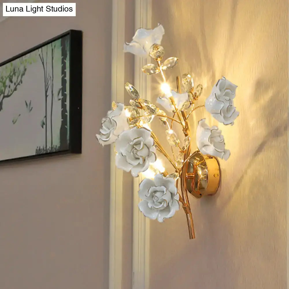 Gold Crystal Porcelain Lamp wall sconce with white porcelain roses and crystal beads on Tampa Home & Garden Store
