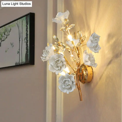 Gold Crystal Porcelain Lamp wall sconce with white porcelain roses and crystal beads on Tampa Home & Garden Store