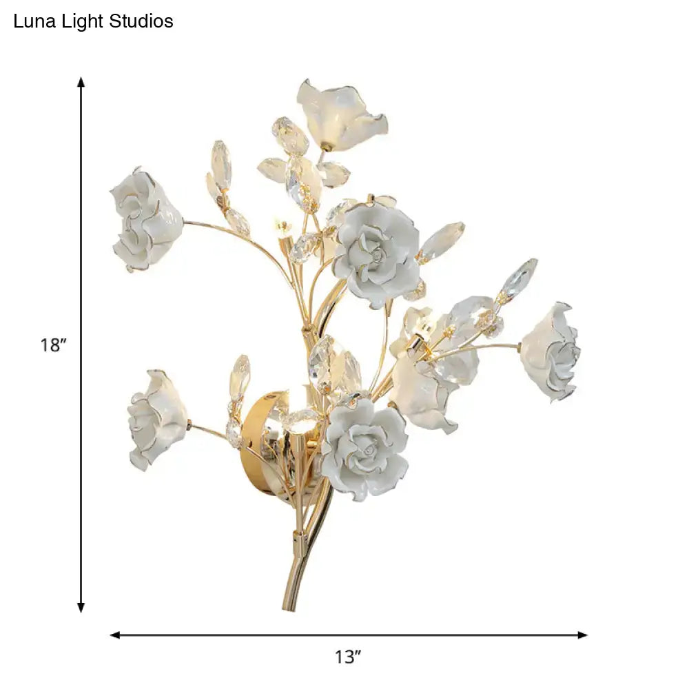 Gold Crystal Porcelain Lamp by Decorbites with white porcelain roses on gold branches on Tampa Home & Garden Store