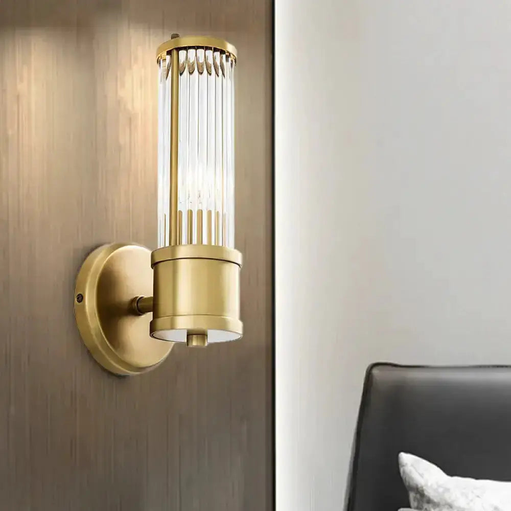 Contemporary gold brass wall sconce with crystal glass tubes, Decorbites living room lighting on Tampa Home & Garden Store