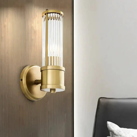 Contemporary gold brass wall sconce with crystal glass tubes, Decorbites living room lighting on Tampa Home & Garden Store