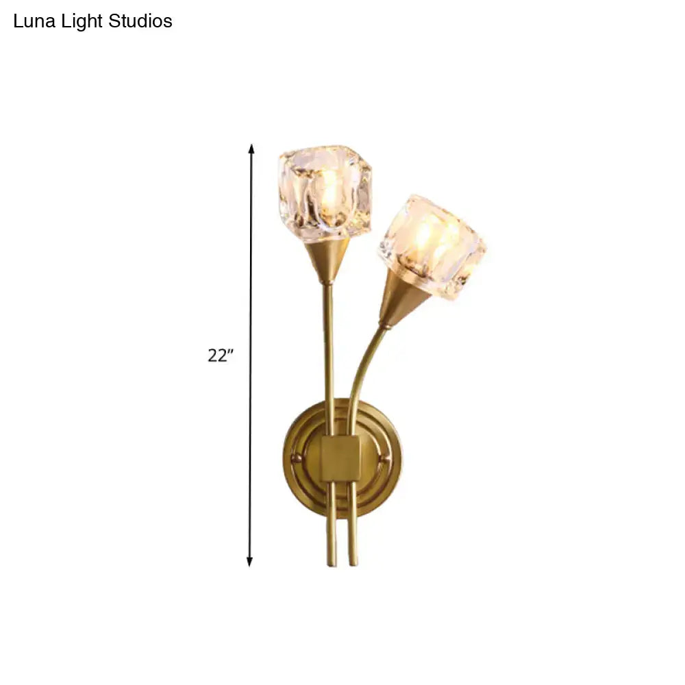 Gold Cube Crystal Sconce with dual brass arms and crystal cube shades on Tampa Home & Garden Store