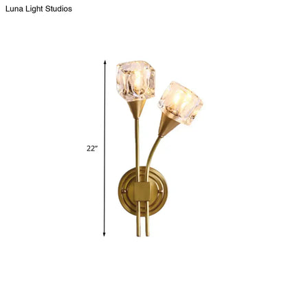 Gold Cube Crystal Sconce with dual brass arms and crystal cube shades on Tampa Home & Garden Store