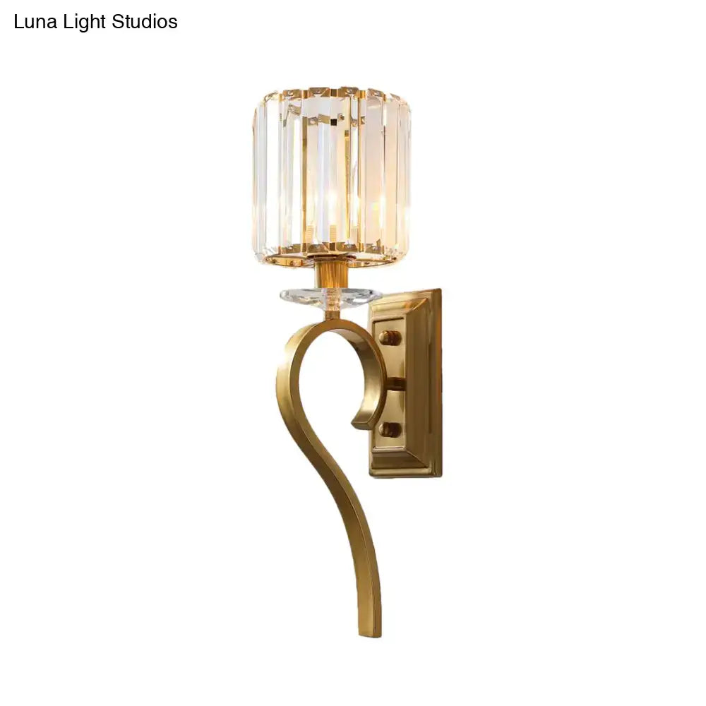 Gold cylinder crystal wall sconce with curved brass arm and rectangular backplate Decorbites on Tampa Home & Garden Store